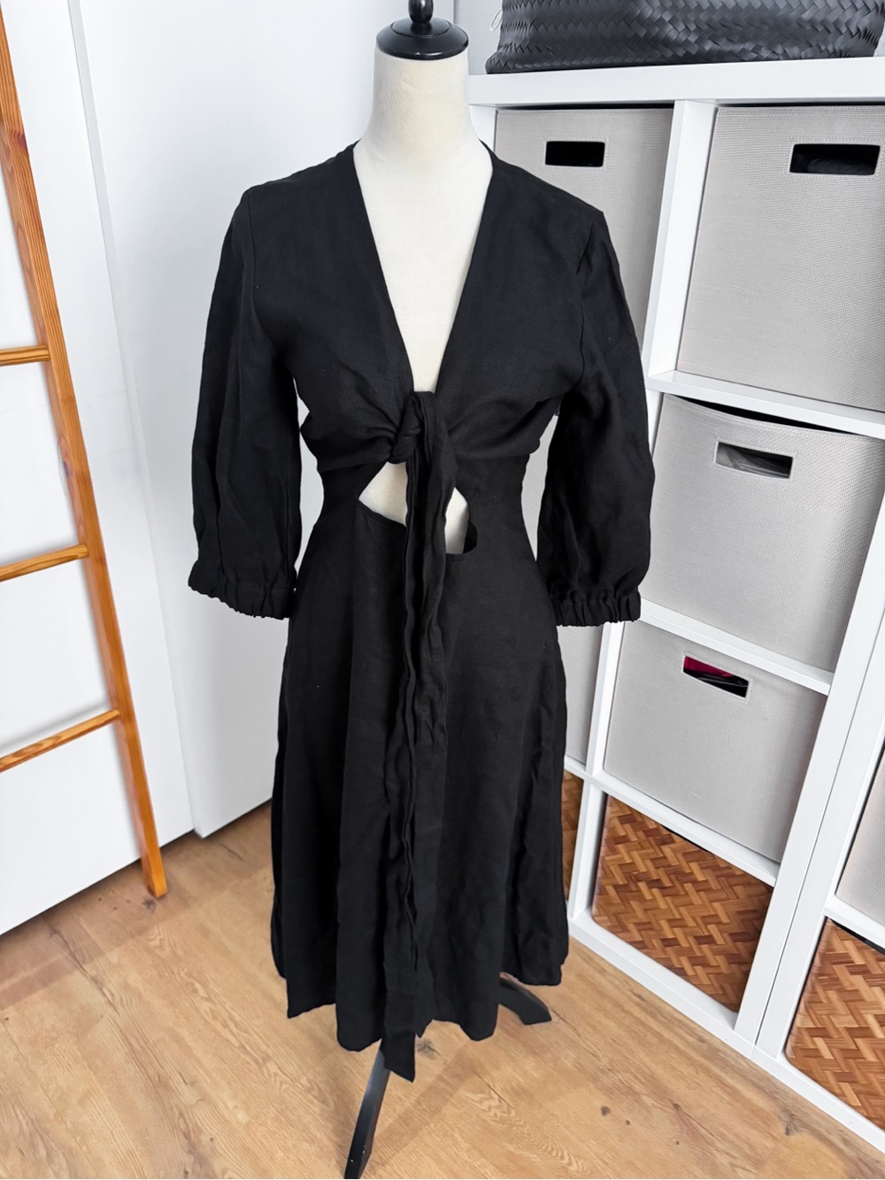 Meetra Linen Black Tie Front Midi Dress Puff Sleeve Size S